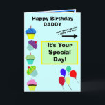 Carte Daddy Anniversaire Blue Cupcake Tower Kids Artwork<br><div class="desc">Happy Birthday DADDY est écrit en typographie rouge et noire contre un arrière - plan bleu turquoise clair avec ballons colorés. La vanille délicieuse et les cupcakes décorés au chocolat. C'est votre journée spéciale est écrite sur un rectangle géométrique vert et jaune sauge clair. A l'intérieur de gauche a des...</div>
