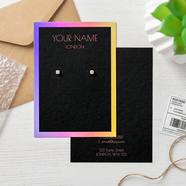 Carte d'affichage à oreille simple en noir. Bordur (Black simple earring display card. Colorful border.)
