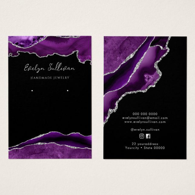 Carte d'affichage de bijoux en agate violet et arg (Devant & derrière)