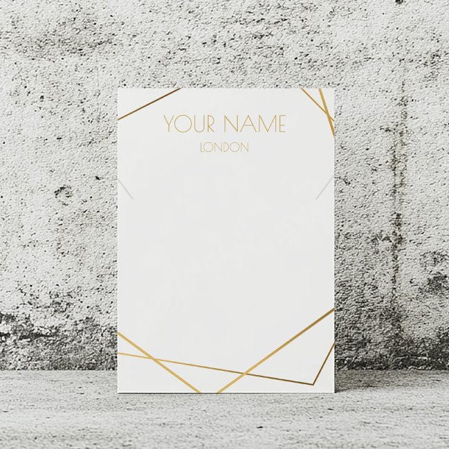Carte d'affichage de bijoux géométriques en or Kin (White necklace display card with gold text and gold geometric border)