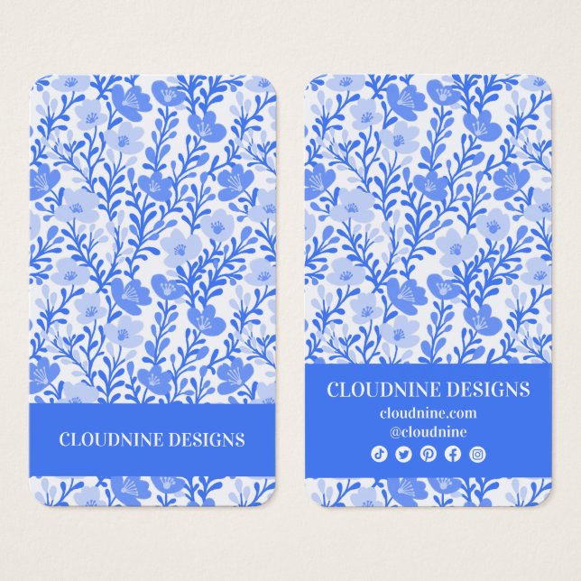 Carte d'affichage Floral Bleu Blanc Boucles de Bij (Devant & derrière)