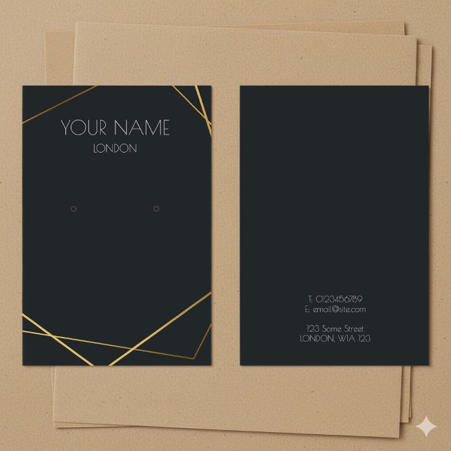 Carte d'affichage géométrique or simple (Simple gold geometric earring dark display card.)