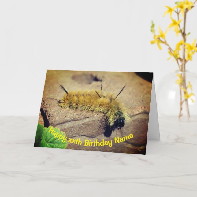 Carte Dagger Moth Caterpillar Anniversaire personnalisé (Fleur jaune)