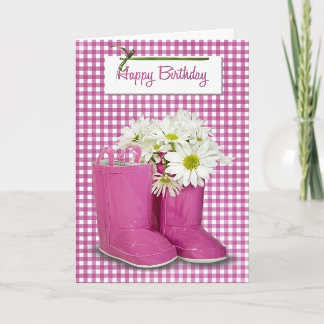Carte Daises d'anniversaire en bottes roses (Devant)