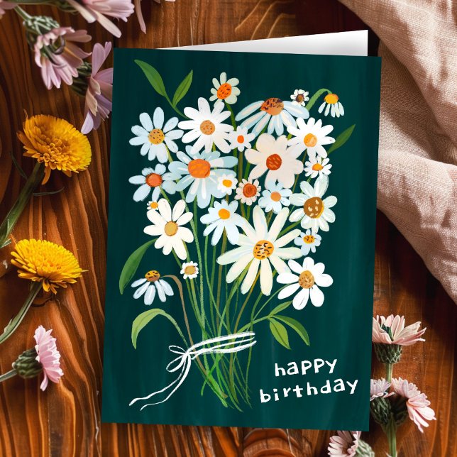 Carte Daisy Bouquet Joyeux Anniversaire Gouache peint à  (Daisy Bouquet Happy Birthday Handpainted Gouache CUSTOM Bday Card
)