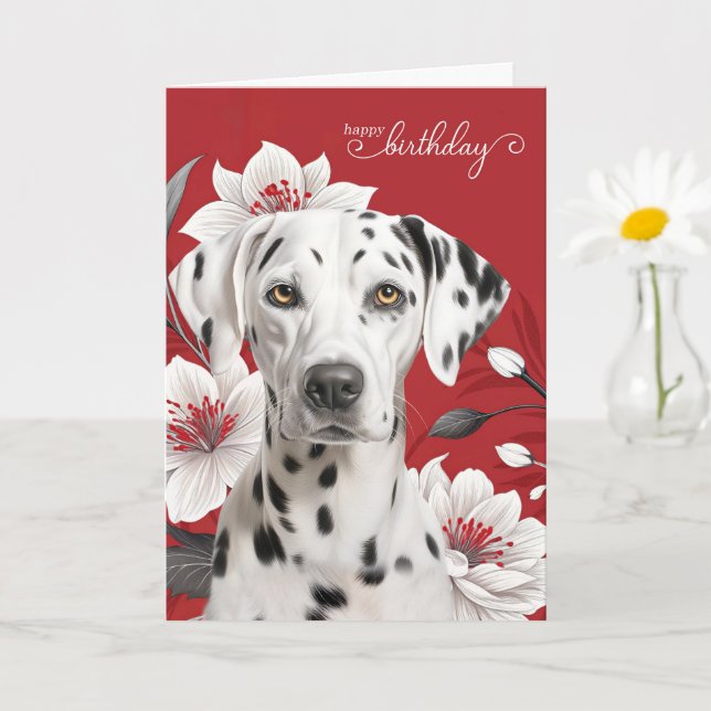 Carte Dalmatian Dog with White Lilies on Red Birthday (Petite plante)