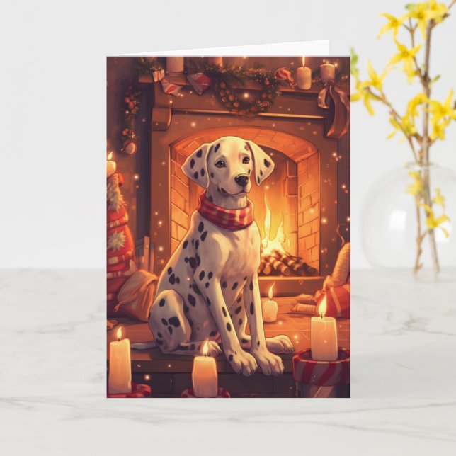 Carte Dalmatien au coin du feu de Noël avec des biscuits (Fleur jaune)