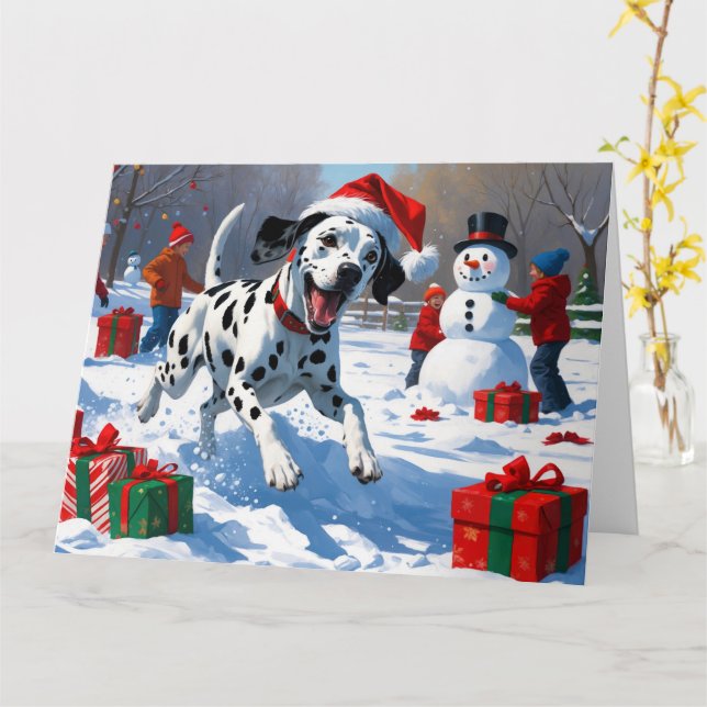 Carte Dalmatien courant dans la neige avec un chapeau de (Fleur jaune)