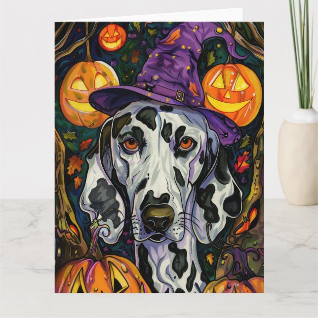 Carte Dalmatien effrayant Chien de Halloween Sorcière et (Devant)