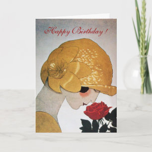 Carte DAME À LA ROSE ROUGE Joyeux Anniversaire