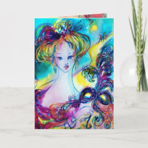 Carte DAME AVEC MASQUERADE FEATHEREE MASK Anniversaire