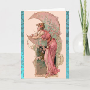 CARTE DAME DE LA LUNE, FLEURS ET ROSES, DAMAS PINK BLEU
