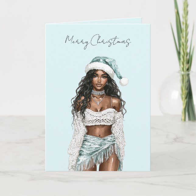 Carte Dame de Noël aux cheveux noirs de plage   (Devant)