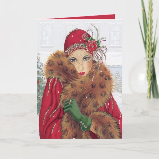 Carte Dame de Noël vintage rétro Art Déco  (Devant)