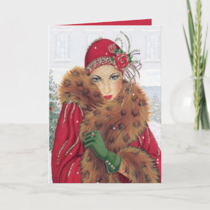 Carte Dame de Noël vintage rétro Art Déco