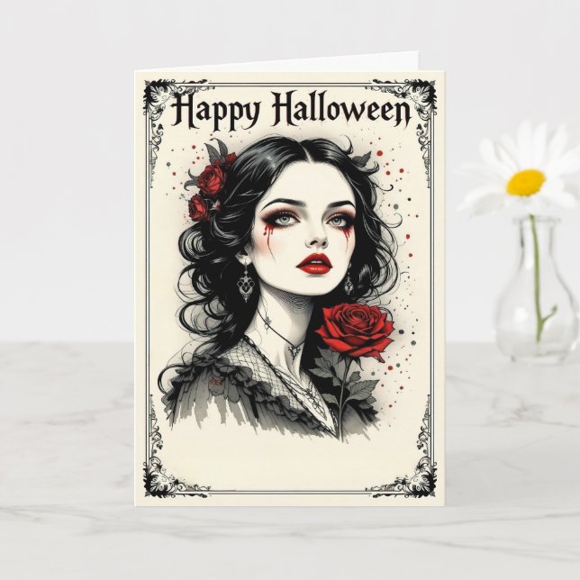 Carte Dame d'Halloween gothique victorienne avec Rose ro (Petite plante)