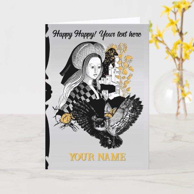 Carte Dame et hibou nocturne (Fleur jaune)
