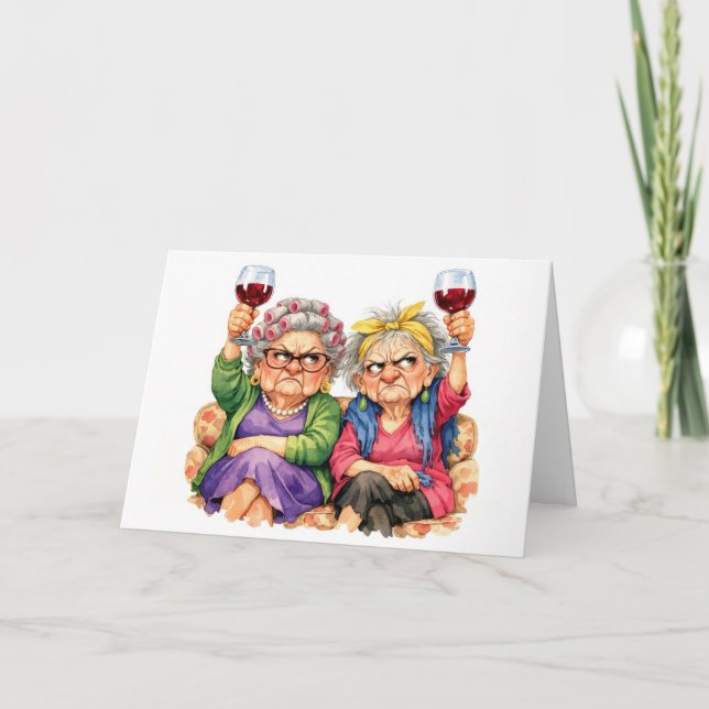 Carte Dames âgées excentriques d'anniversaire avec du vi (Devant)