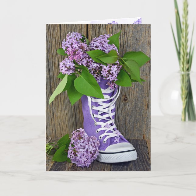 Carte d'amitié aux lilas en baskets violettes (Devant)