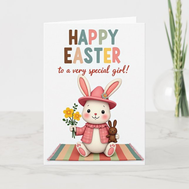 Carte d'amitié Lapin sur Tapis Rayé (Devant)
