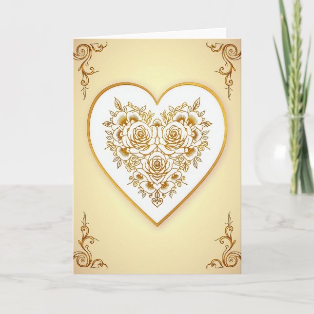 Carte d'amour à coeur de roses dorées (Devant)
