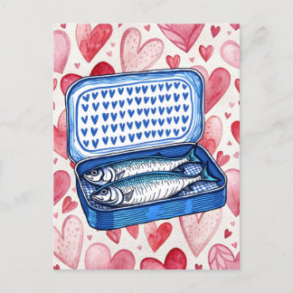 Carte d'amour aux coeurs et sardines à l'aquarelle