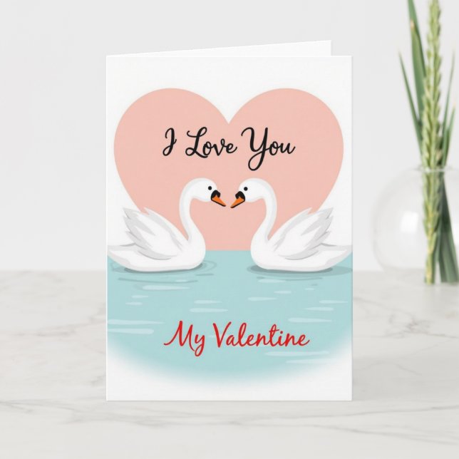 Carte d'amour aux cygnes à cœur rose (Devant)