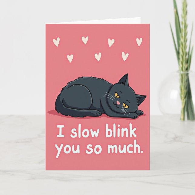 Carte d'amour du clin d'œil lent de chat noir (Devant)