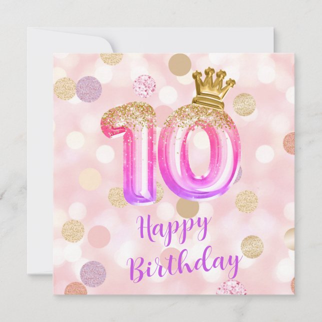 Carte d'anniversaire 10 ans Or Rose Violet (Devant)