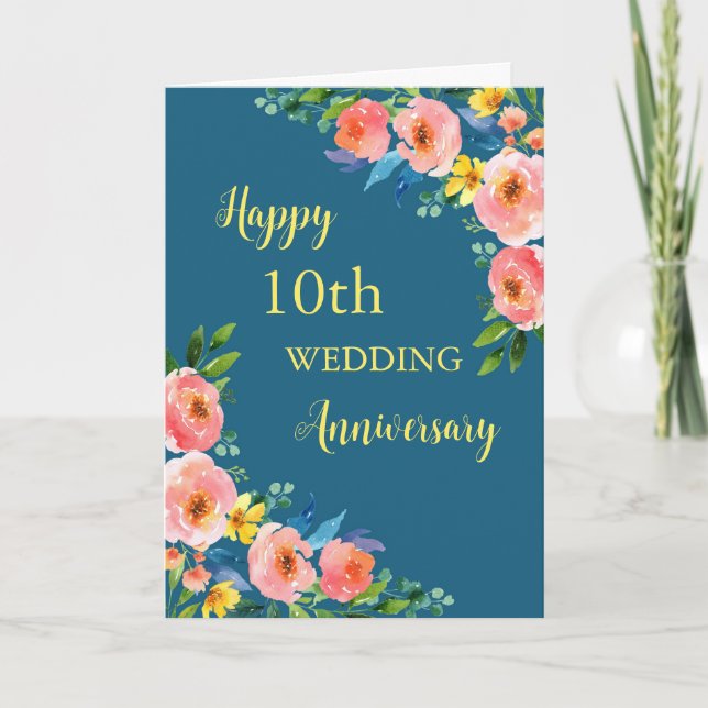 Carte d'anniversaire 10e Mariage des fleurs d'aqua (Devant)