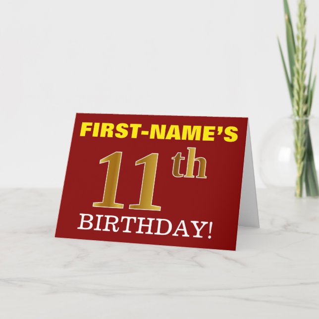 Carte d'anniversaire "11e ANNIVERSAIRE" Rouge, Or  (Devant)