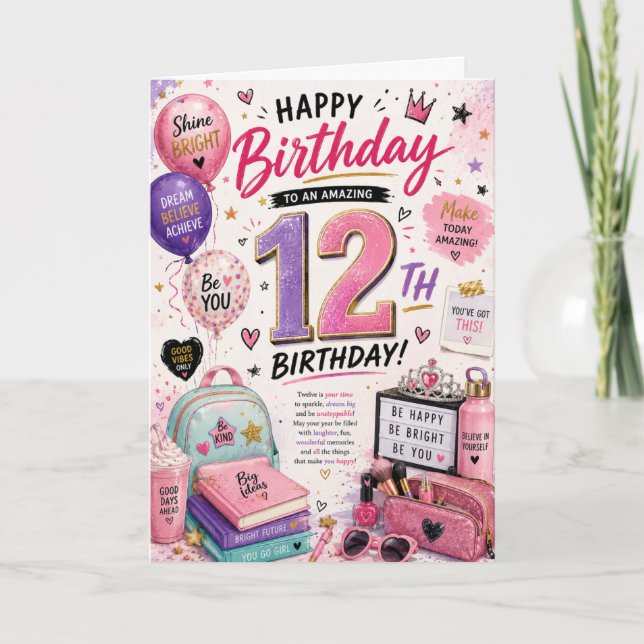 Carte d'anniversaire 12 ans pour filles (Devant)