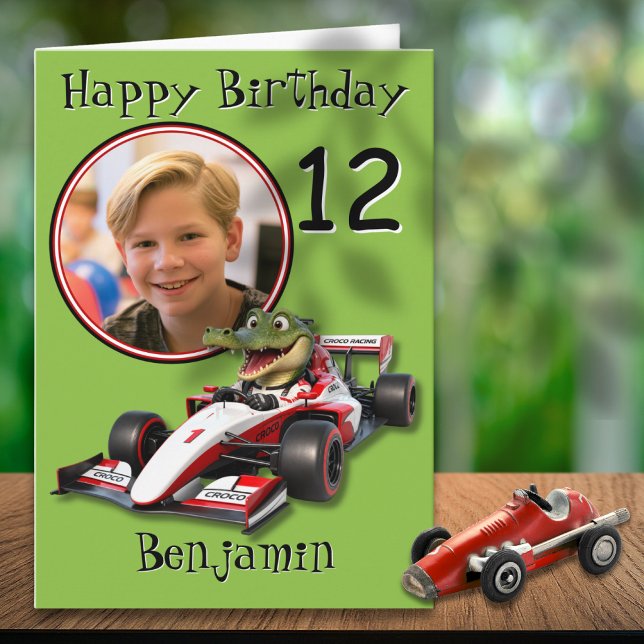 Carte d'anniversaire 12 ans voiture de course croc (Créateur téléchargé)