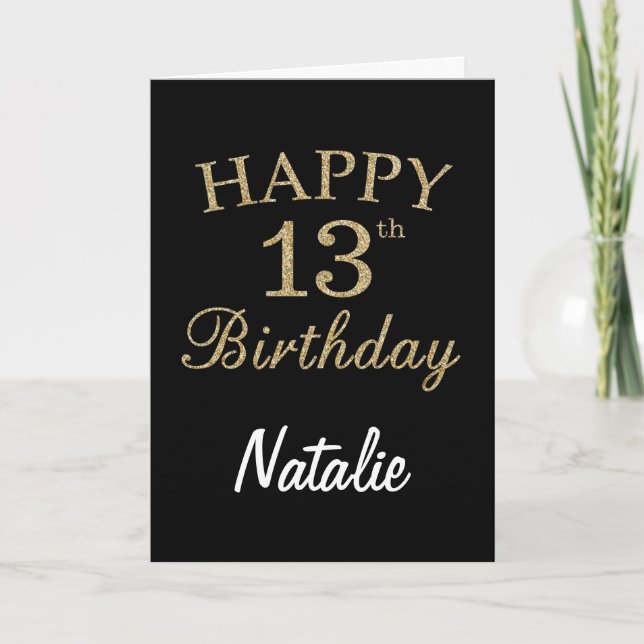 Carte d'anniversaire 13 ans pailletée noir et or (Devant)