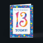 Carte d'anniversaire 13e pour Grandson, Stripes et<br><div class="desc">Une carte d'anniversaire 13ème anniversaire lumineuse et colorée pour un petit-fils,  avec des numéros rayés et une bordure étoilée,  d'un design numérique de Judy Adamson. Vous pouvez modifier le message intérieur si vous le souhaitez.</div>