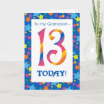 Carte d'anniversaire 13e pour Grandson, Stripes et<br><div class="desc">Une carte d'anniversaire 13ème anniversaire lumineuse et colorée pour un petit-fils,  avec des numéros rayés et une bordure étoilée,  d'un design numérique de Judy Adamson. Vous pouvez modifier le message intérieur si vous le souhaitez.</div>
