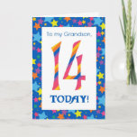 Carte d'anniversaire 14th Birthday pour Grandson,<br><div class="desc">Une carte d'anniversaire 14th Birthday Card,  brillante et colorée pour un Grand-fils,  avec des numéros rayés et une bordure étoilée,  d'un design numérique de Judy Adamson. Vous pouvez modifier le message intérieur si vous le souhaitez.</div>