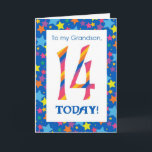 Carte d'anniversaire 14th Birthday pour Grandson,<br><div class="desc">Une carte d'anniversaire 14th Birthday Card,  brillante et colorée pour un Grand-fils,  avec des numéros rayés et une bordure étoilée,  d'un design numérique de Judy Adamson. Vous pouvez modifier le message intérieur si vous le souhaitez.</div>