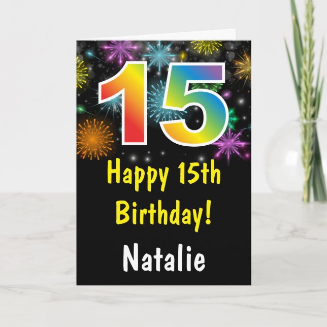 Carte d'anniversaire 15 ans Feux d'artifice Arc-en (Devant)