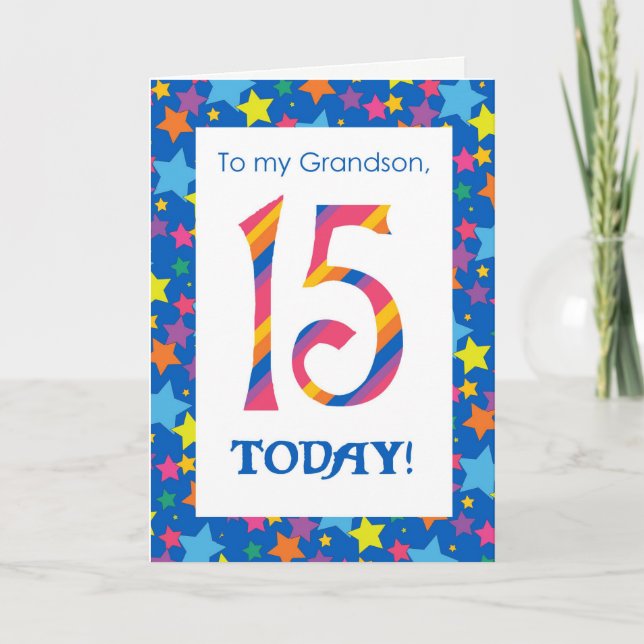 Carte d'anniversaire 15e pour Grandson, Stripes et (Devant)