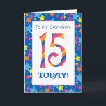 Carte d'anniversaire 15e pour Grandson, Stripes et<br><div class="desc">Une carte d'anniversaire 15th Birthday Card,  brillante et colorée pour un Grand-fils,  avec des numéros rayés et une bordure étoilée,  d'un design numérique de Judy Adamson. Vous pouvez modifier le message intérieur si vous le souhaitez.</div>