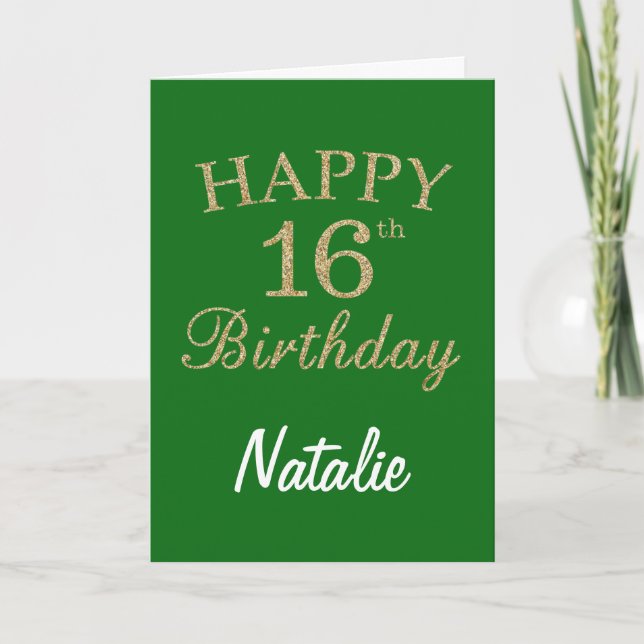 Carte d'anniversaire 16 ans pailletée verte et or (Devant)