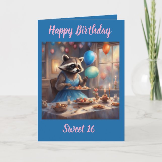 Carte d'anniversaire 16 ans sucrée Raton laveur ca (Devant)
