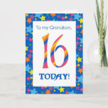 Carte d'anniversaire 16th pour Grandson, Stripes e<br><div class="desc">Une carte d'anniversaire 16th Birthday Card,  brillante et colorée pour un Grand-fils,  avec des numéros rayés et une bordure étoilée,  d'un design numérique de Judy Adamson. Vous pouvez modifier le message intérieur si vous le souhaitez.</div>