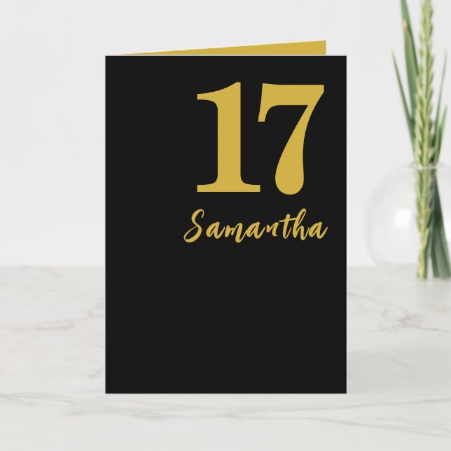 Carte d'anniversaire 17 ans, noir et or (Devant)