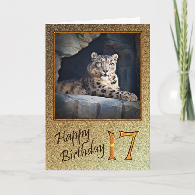 Carte d'anniversaire 17e avec un léopard des neige (Devant)