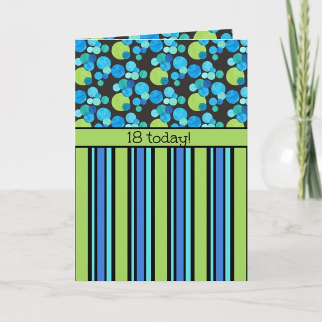 Carte d'anniversaire 18e : Lunes bleues et rayures (Devant)