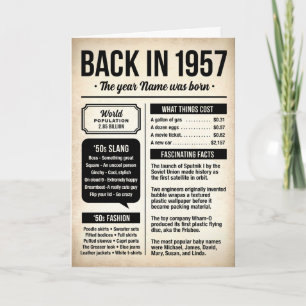 Carte d'anniversaire 1957 avec des anecdotes amusa