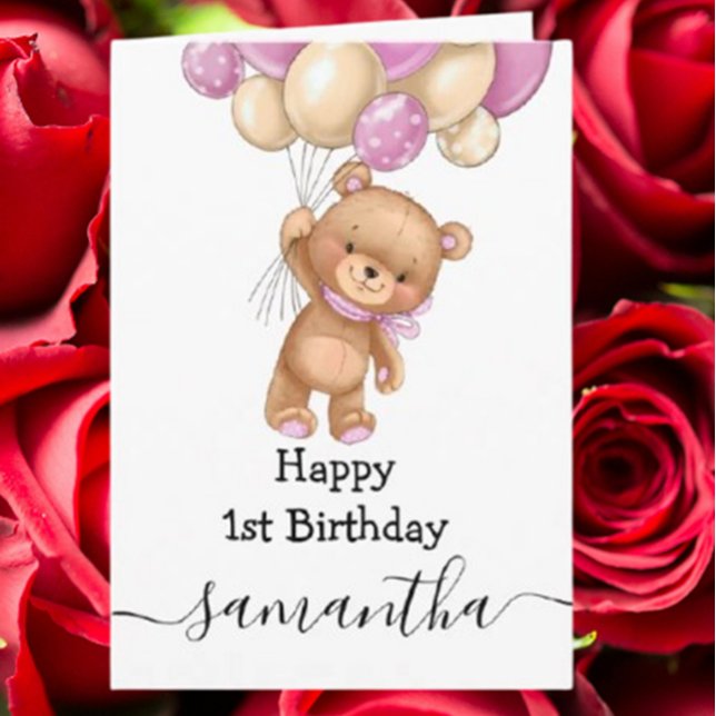 Carte d'anniversaire 1 an ballon rose ours en pelu (Celebrate her special day with a 1st birthday pink balloon teddy girl card)
