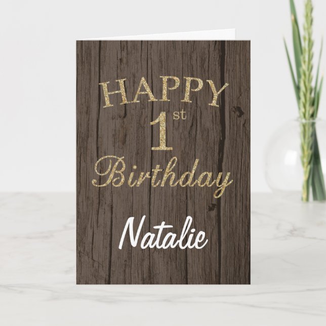 Carte d'anniversaire 1 an Marron Rustique et Paill (Devant)